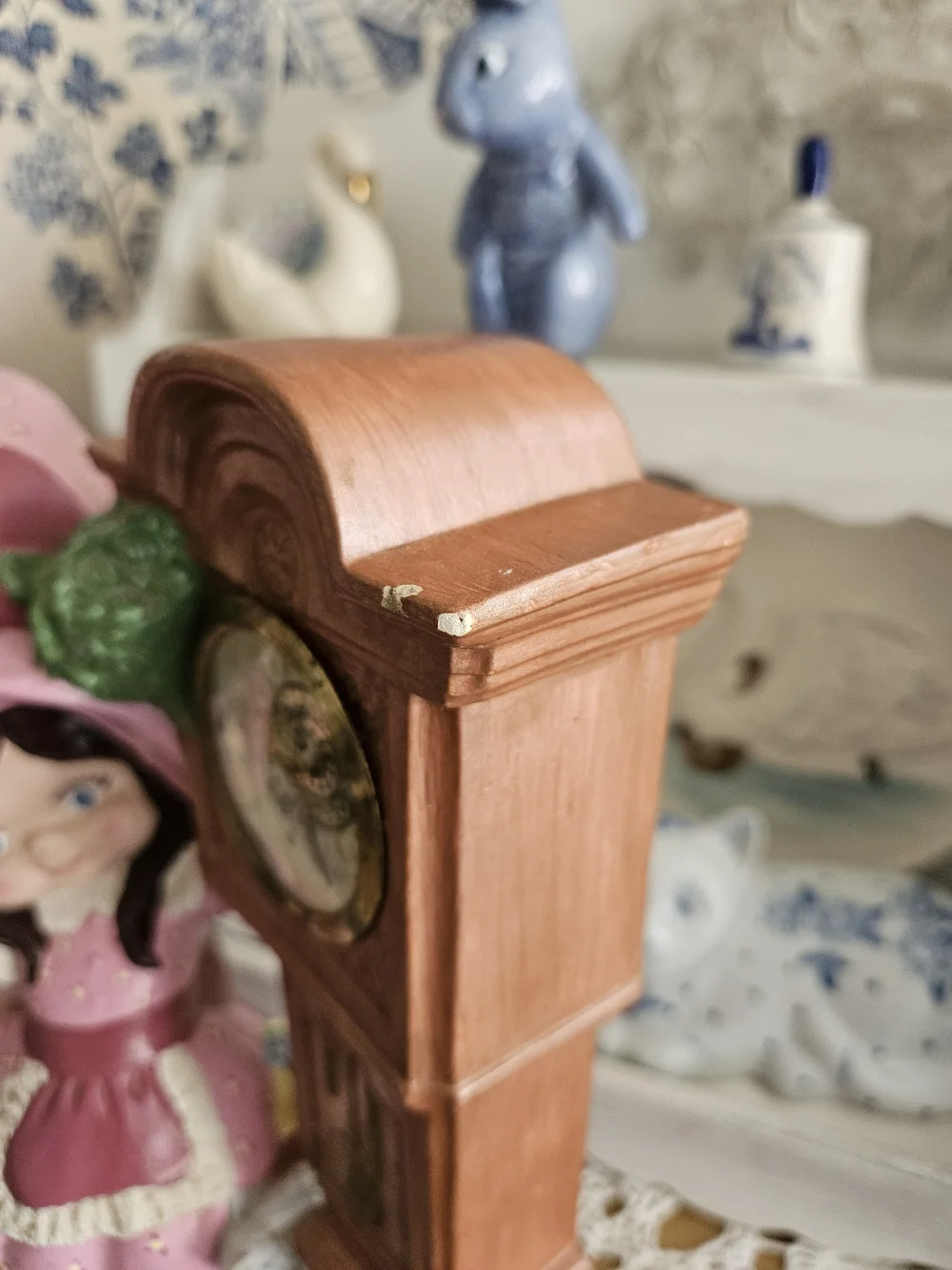 Pink Girl Figurine with Grandfather Clock Decorative Statue